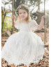 Short Sleeves Ivory Eyelash Lace Dreamy Flower Girl Dress